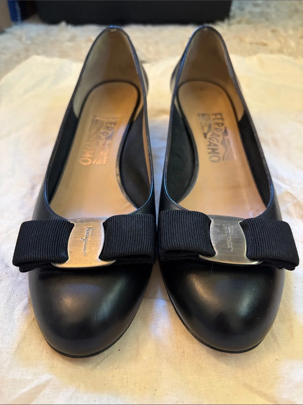 Salvatore Ferragamo Black Leather Bow Flats with Silver Plate